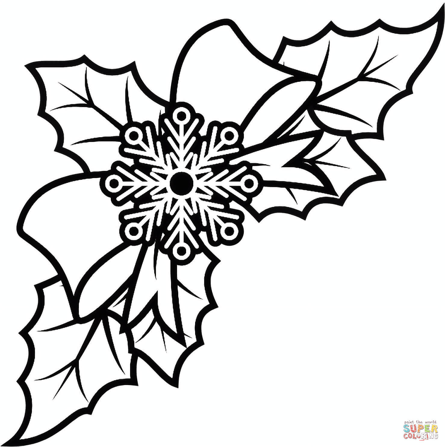 Christmas holly and snowflake coloring page free printable coloring pages