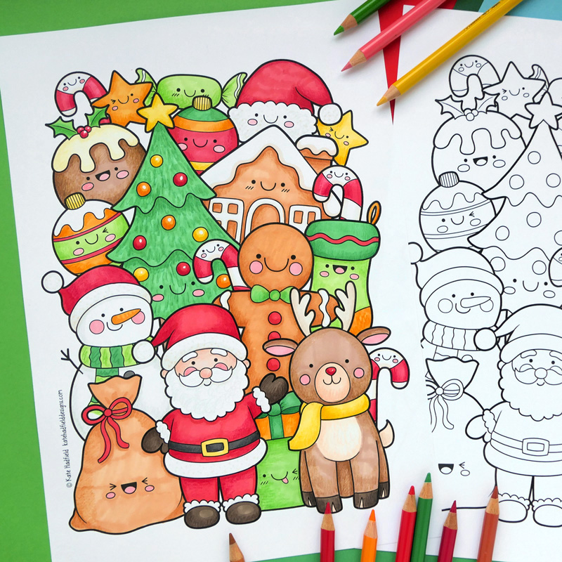 Kawaii christmas colouring page