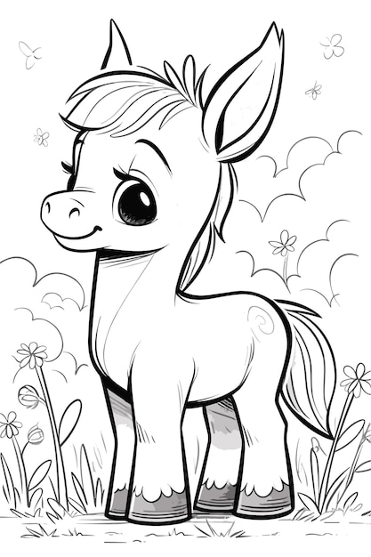 Premium vector clean and simple line art for kids cute miniature horse coloring page