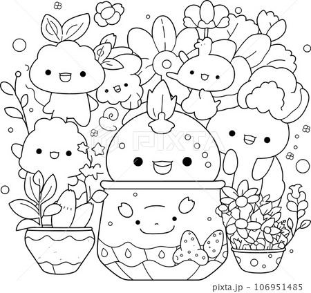 Cute kawaii black and white coloring page for