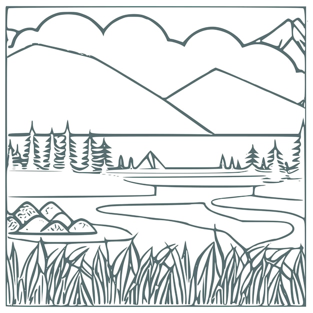 Premium vector nice mountain river and sky landscape coloring book vector illustration