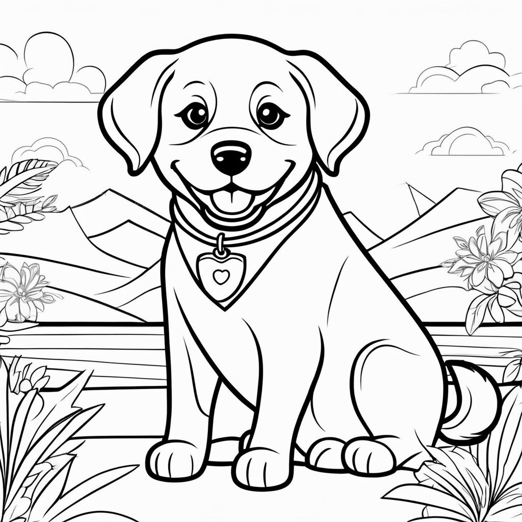 Coloring page of a simple labrador retriever on mountain range near lake