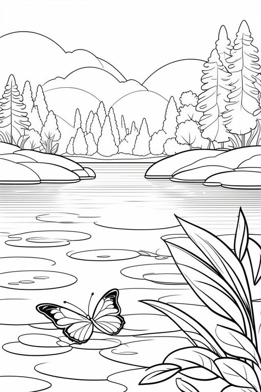 Painting of a lake in the forest in colors ready for painting by numbers kit