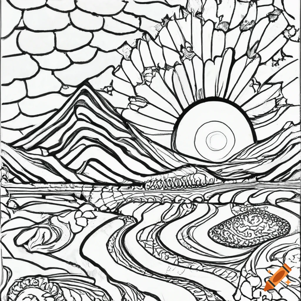 Blank coloring book page serene nature scene with a peaceful lake on