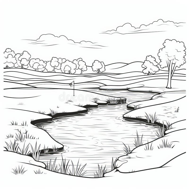 Romantic golf course drawing for kids simple line coloring page stock illustration