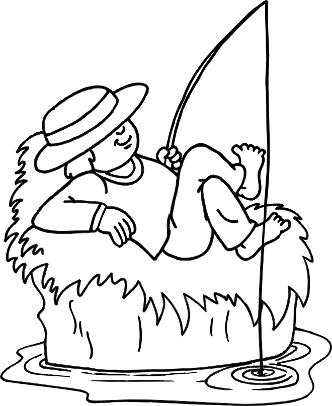 Fishing coloring page kid fishing laying by lake