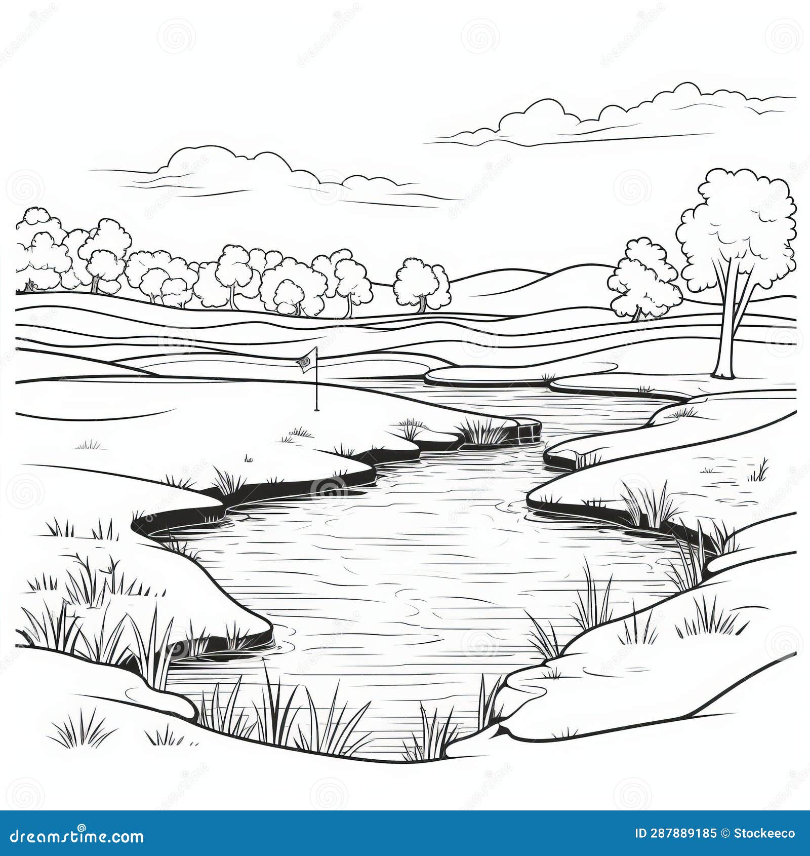 Romantic golf course drawing for kids simple line coloring page stock illustration