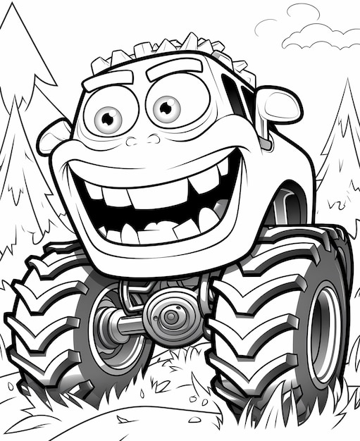 Premium ai image coloring page for kids monster truck cartoon style simple black and white line art