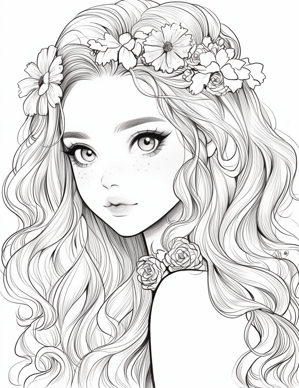 Flower girl coloring page color drawing art manga coloring book coloring book art