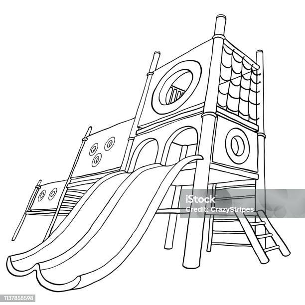 Childrens playground at public park or in the yard coloring book vector illustration isolated on white background stock illustration