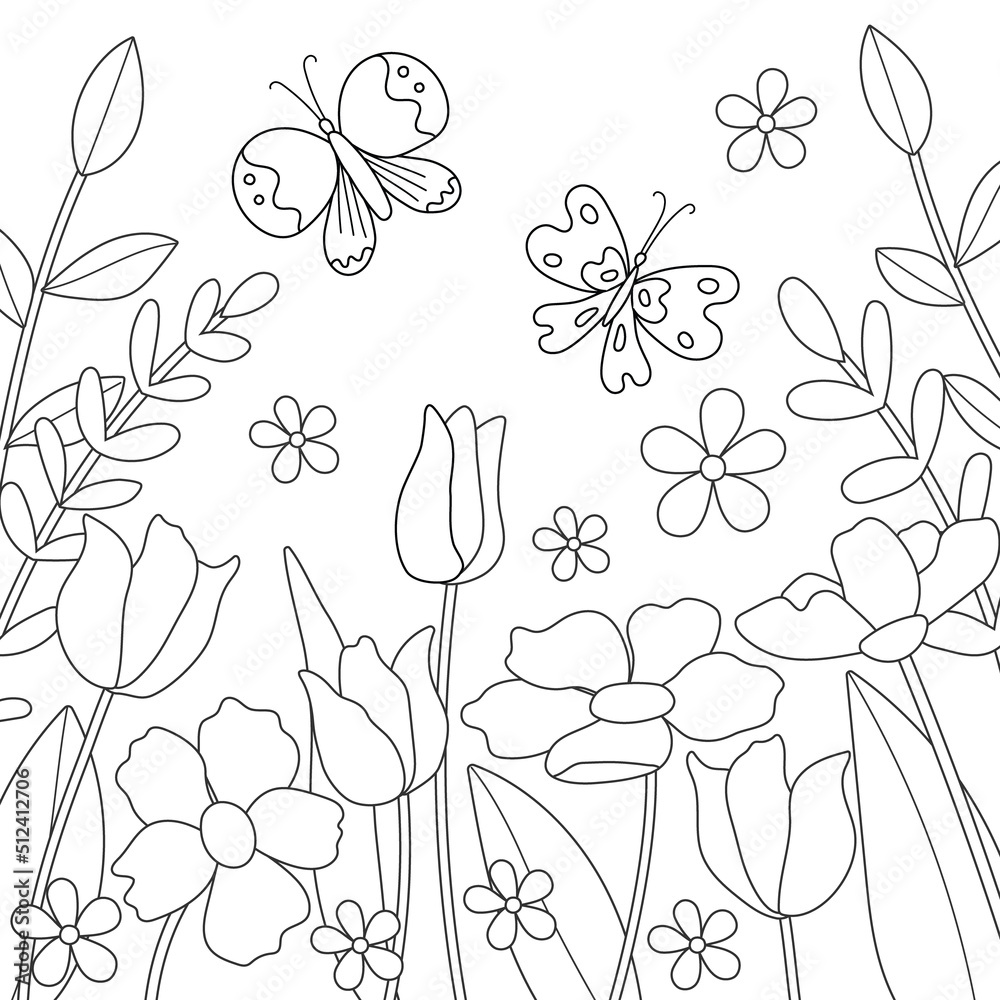 Simple childrens coloring page with cute flowers and butterflies illustration with silhouette of plants vector