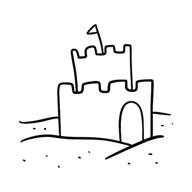 Premium vector sand castle with flag doodle linear cartoon coloring book