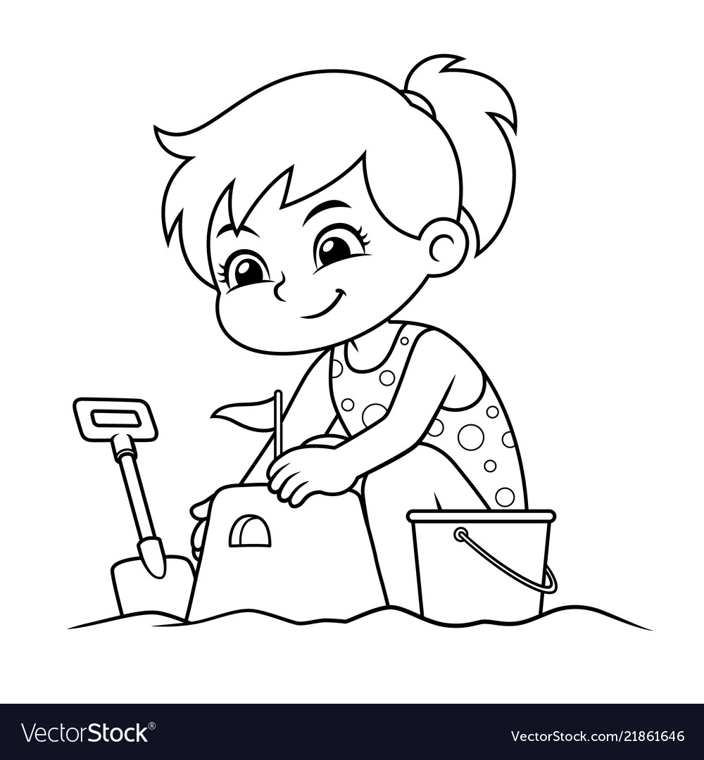 Girl making sand castle bw royalty free vector image