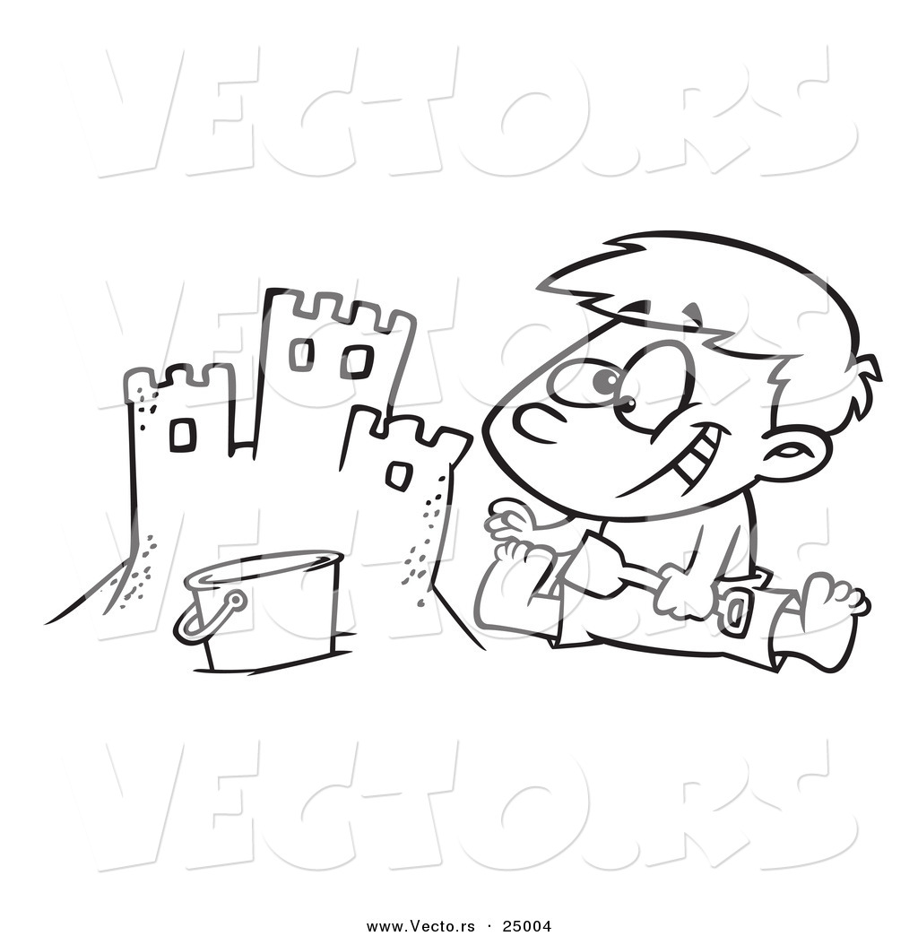 R of a cartoon boy making a sand castle on a beach