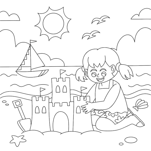 Premium vector girl making sand castle summer holiday coloring page vector illustration