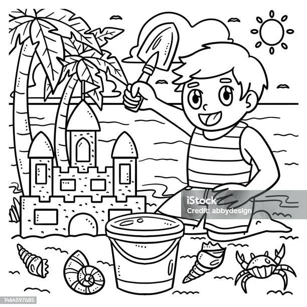 Summer child building sand castle coloring page stock illustration