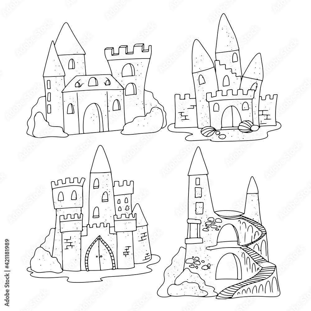 Set sand castle vector illustration isolated on white background simple illustration for coloring book vector