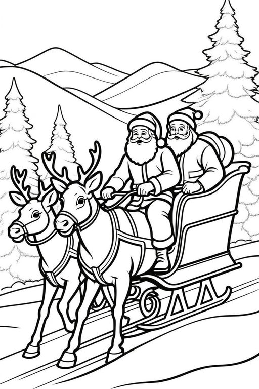 Santa sleigh reindeer clipart black and white