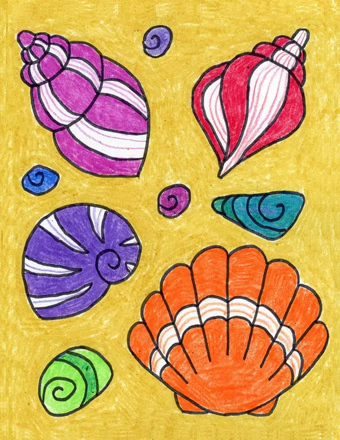 Easy how to draw a sea shell tutorial and sea shell coloring page