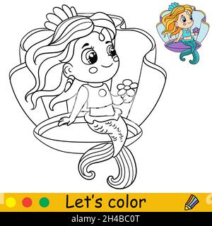 Mermaid sitting in a shell coloring page for kids stock vector image art