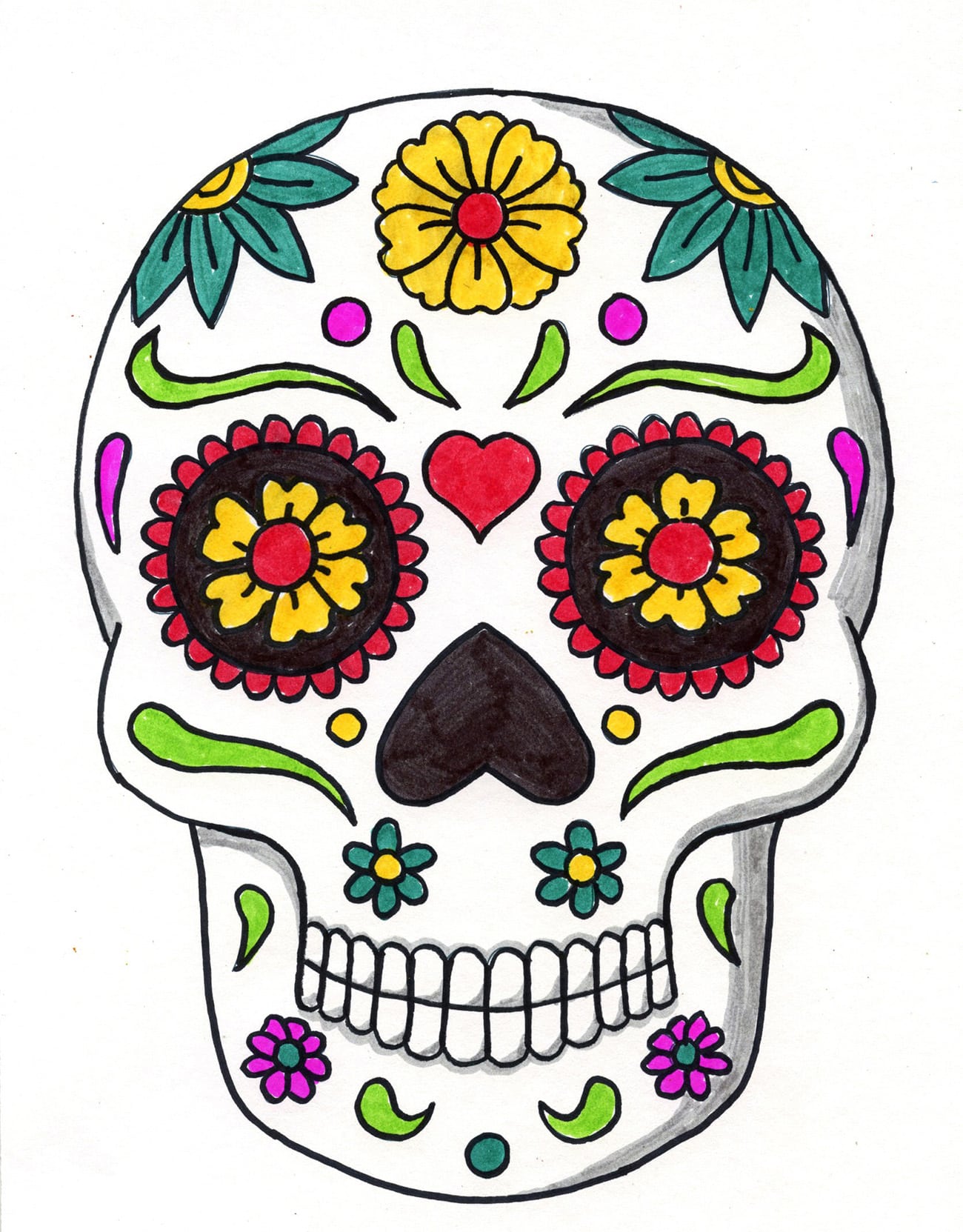 Day of the dead skull drawing for kids and coloring page