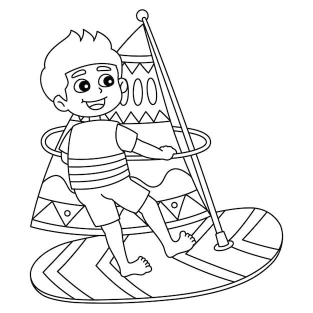Premium vector a cute and funny coloring page of a boy windsurfing provides hours of coloring fun for children color this page is very easy suitable for little kids and toddlers