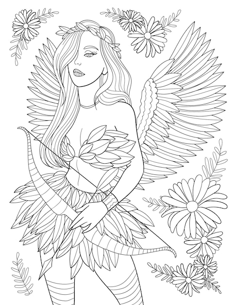 Premium vector lady warrior with wings holding arrows and bow line drawing coloring book with flowers surrounding