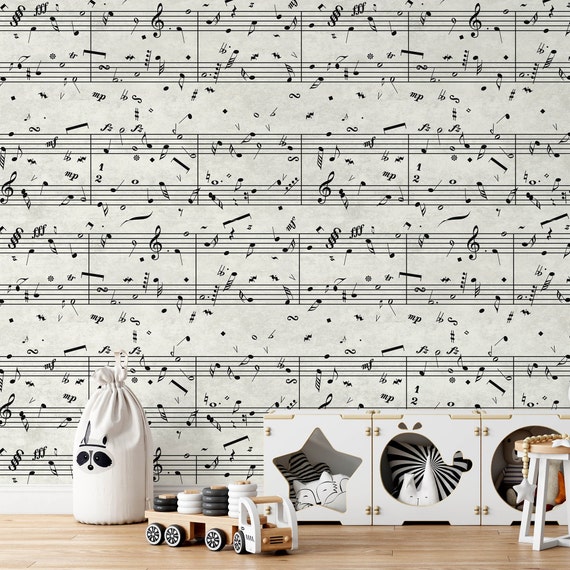 Nursery decor sheet music wallpaper black and white music notes wall art for accent wall