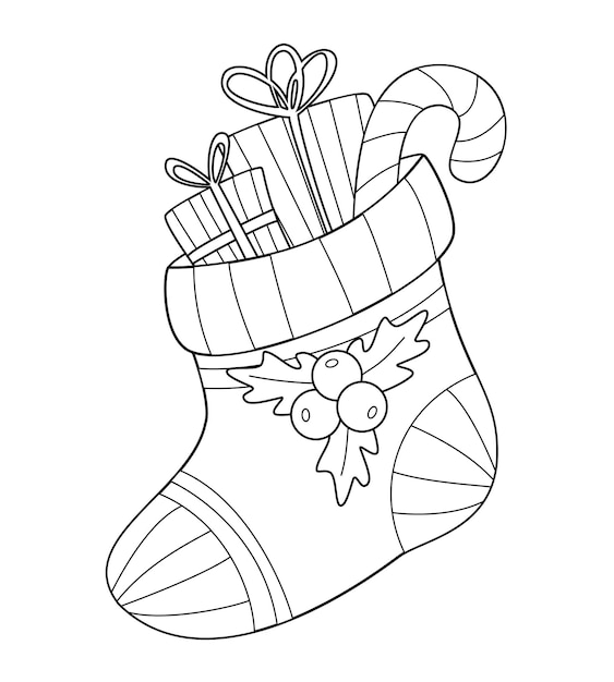 Premium vector christmas coloring book with gifts and a candy cane in a stocking contour new years drawing