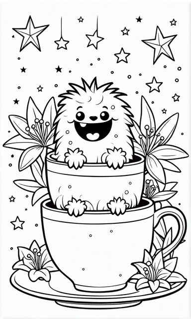 A black and white coloring page for children featuring a drawing an lite funy monster