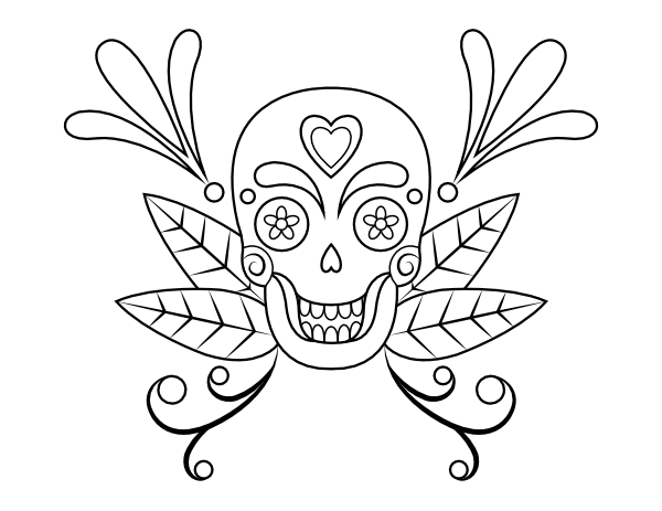 Printable sugar skull and leaves coloring page