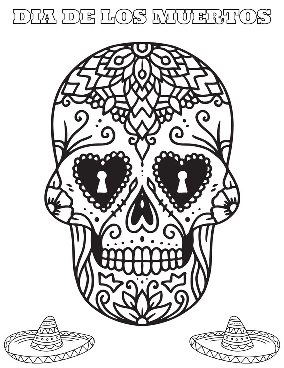 Sugar skulls coloring pages for adults kids dia de los muertos coloring pages halloween printable coloring pdf instant download