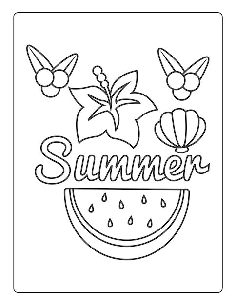 Premium vector summer coloring pages for kids with summer vibes sun and trees black and white coloring book