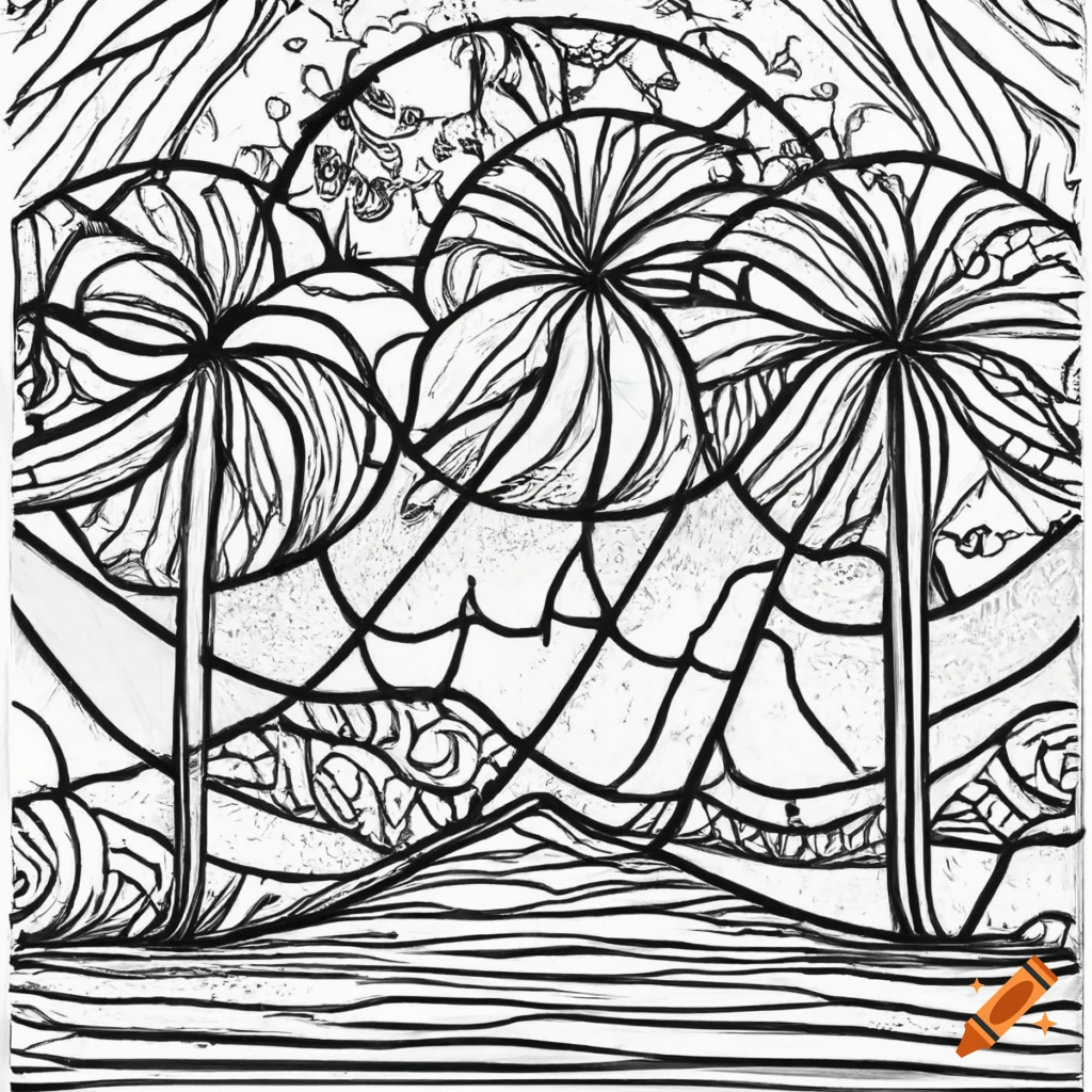 Black and white coloring page with a mandala landscape on