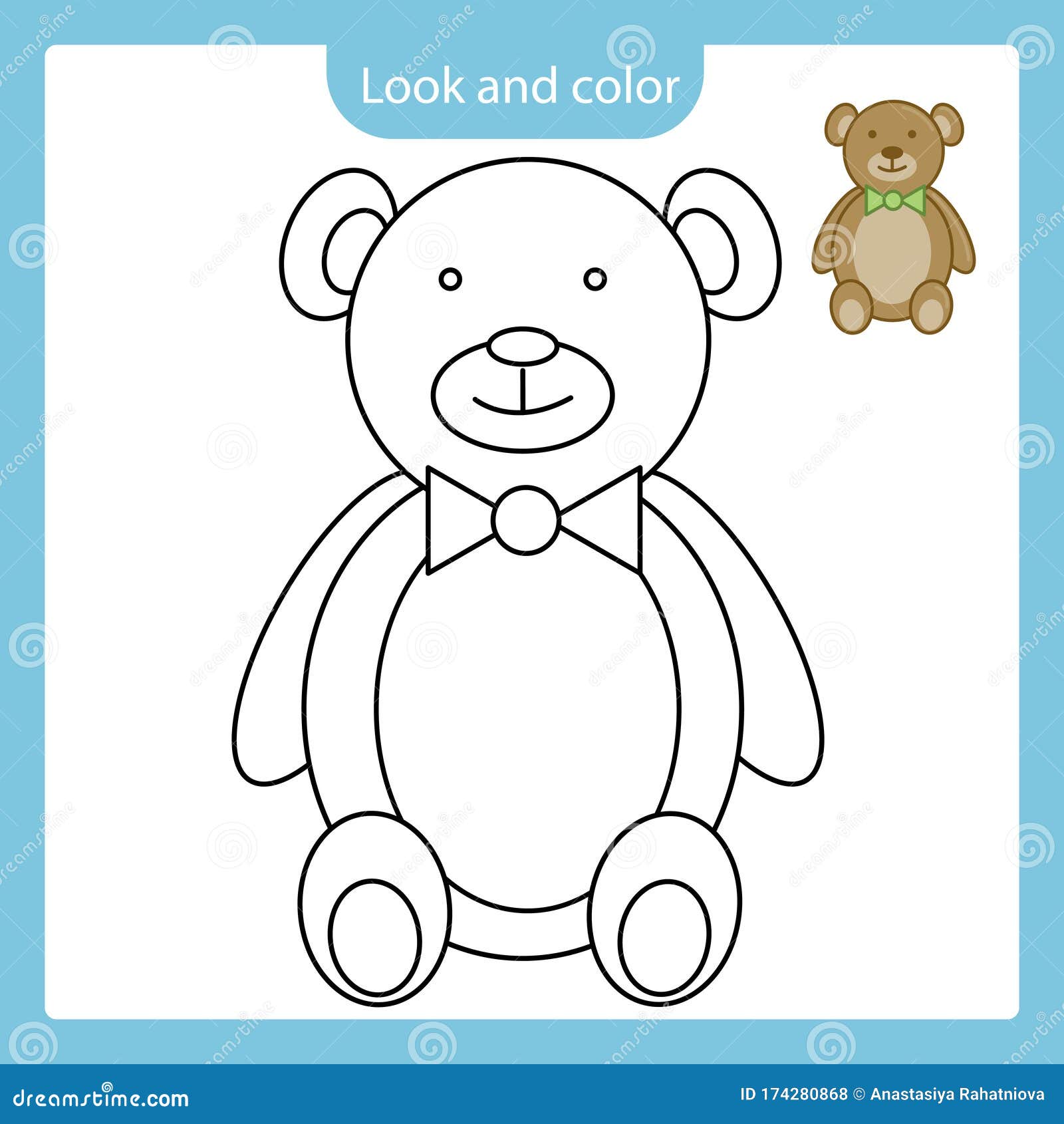 Coloring page outline of teddy bear toy with example stock vector