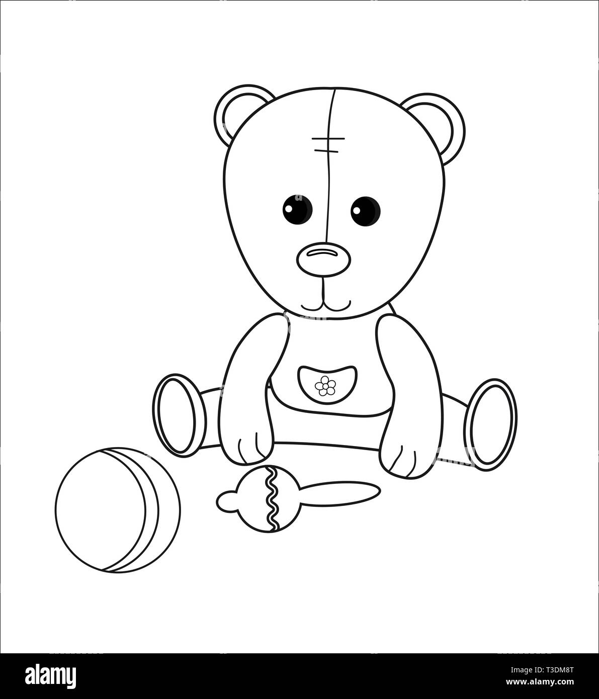 Cute little bear character with rattle ball coloring page with toys vector simple game for kids linear illustration for preschool pastime stock vector image art