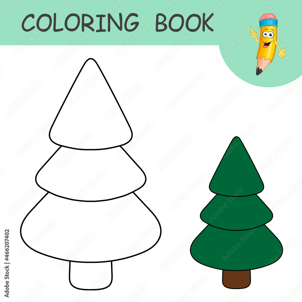 Coloring book with simple cartoon christmas tree colorless and color samples tree on coloring page for kids coloring design in cute cartoon style black contour silhouette with a sample for coloring