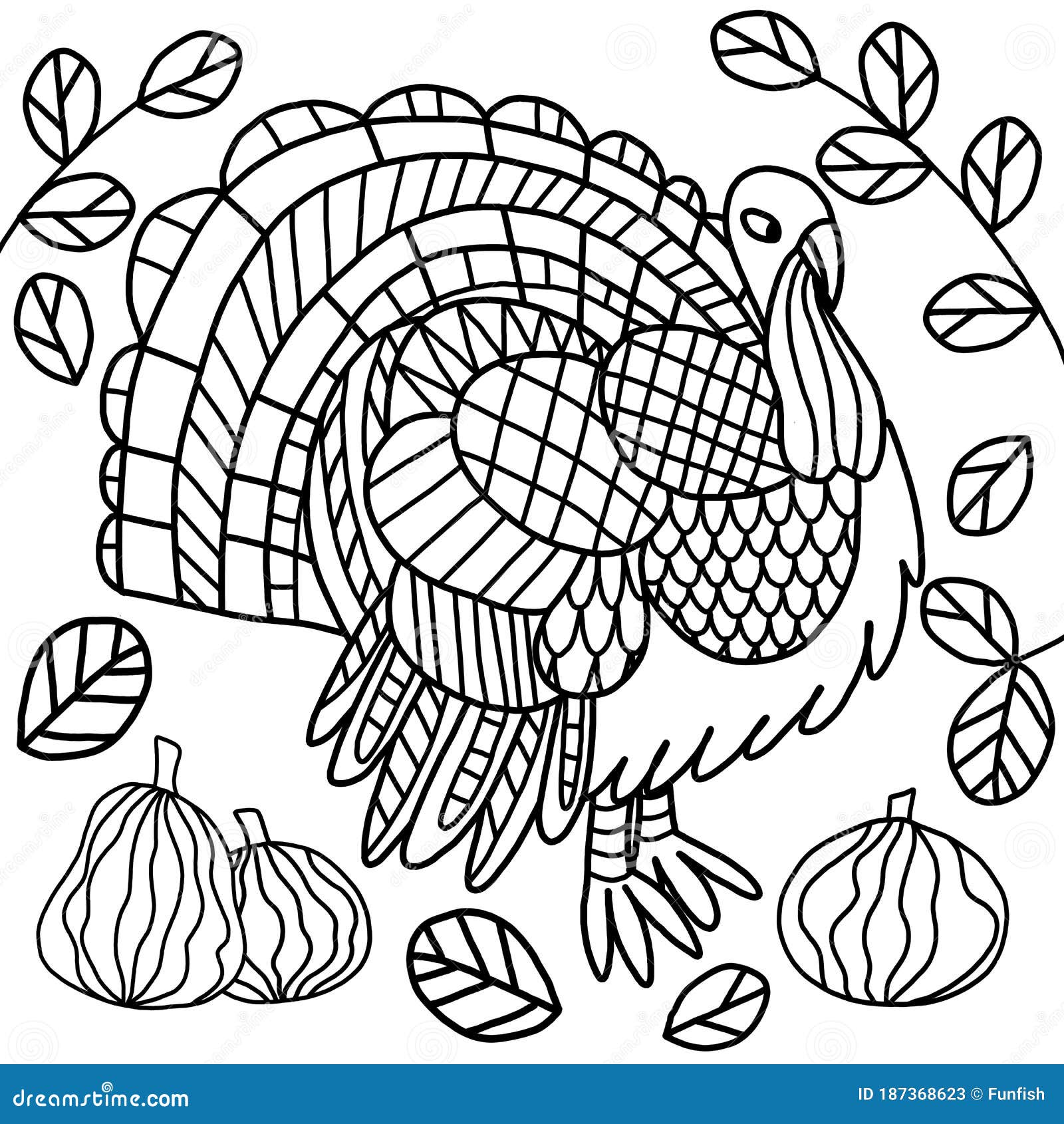 Turkey and pumpkins and leaves black outline on white coloring page for kids and adults stock illustration