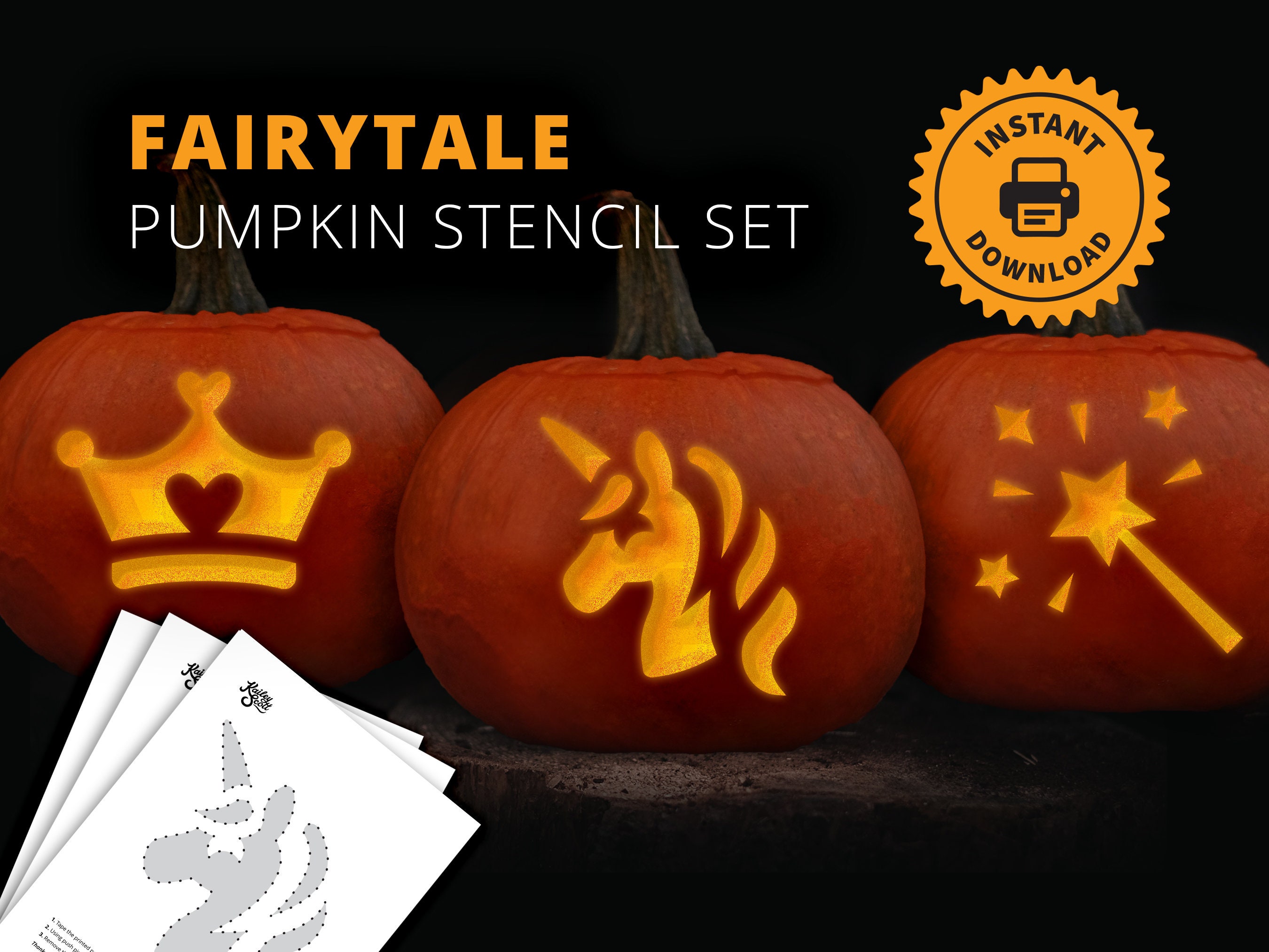 Fairytale printable pumpkin carving stencil set unicorn crown and magic wand jack