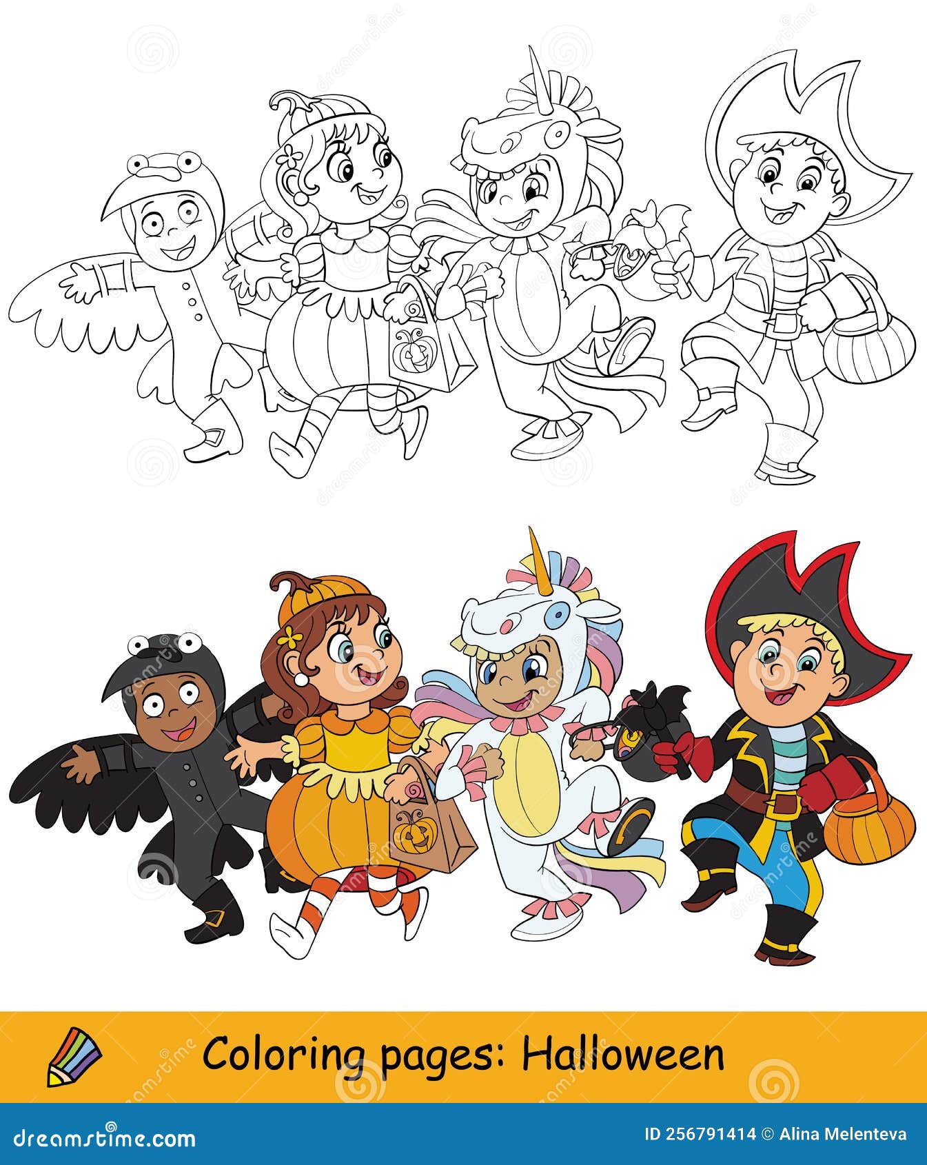 Coloring and color halloween monsters kids walking stock vector