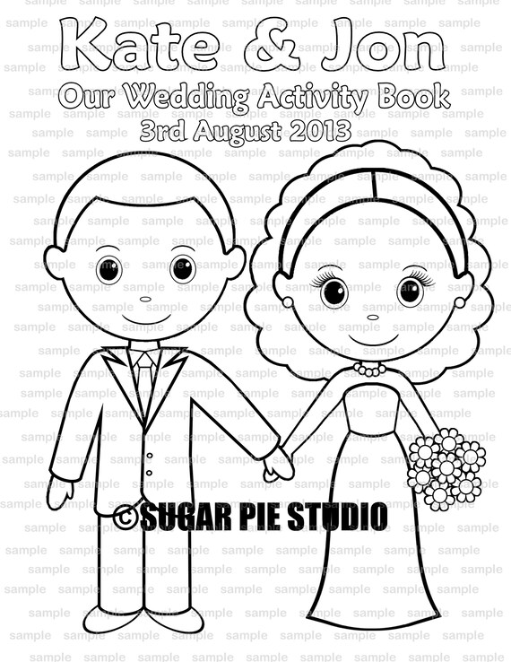 Personalized printable bride groom wedding party favor childrens kids coloring page activity pdf or jpeg file