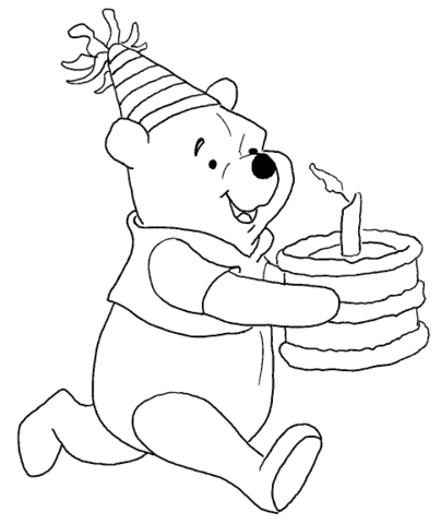 Pooh is bring a birthday cake coloring page free printable coloring pages