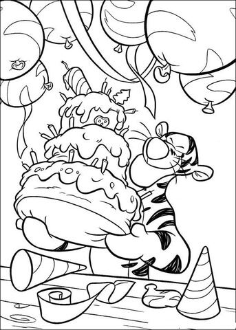 Tigger is holding a birthday cake coloring page free printable coloring pages