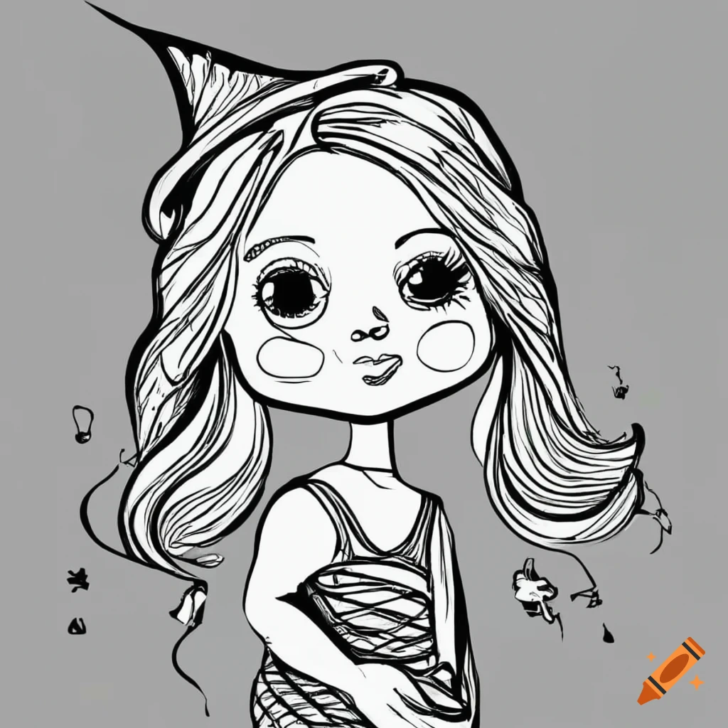 Simple friendly happy little witch ic style coloring page line art on