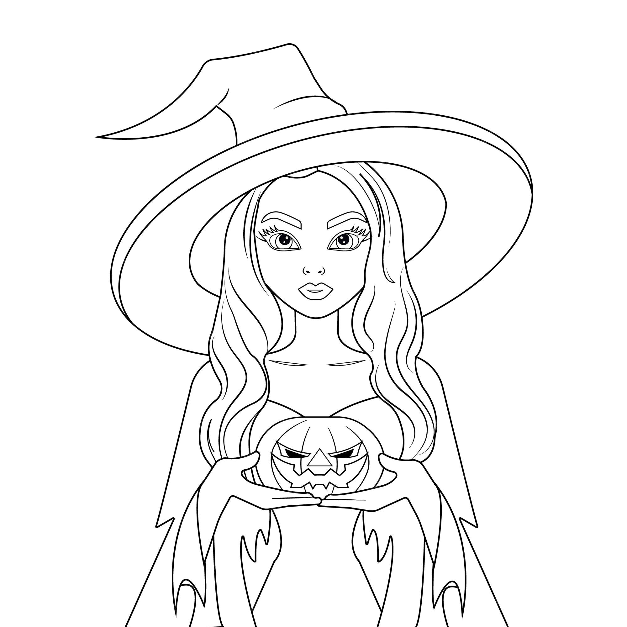 Premium vector vector outline illustration developing coloring page female witch in a traditional halloween hat