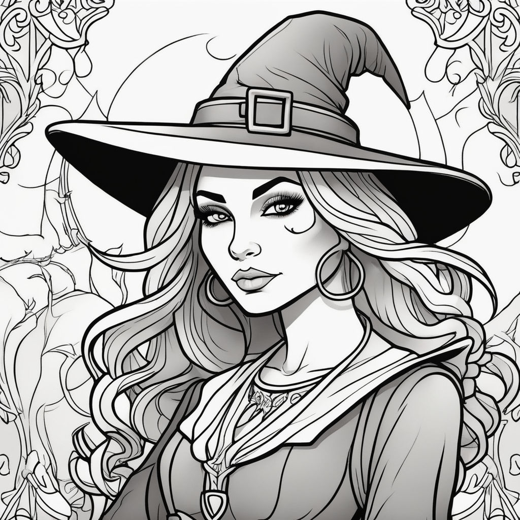 Coloring book page of witch