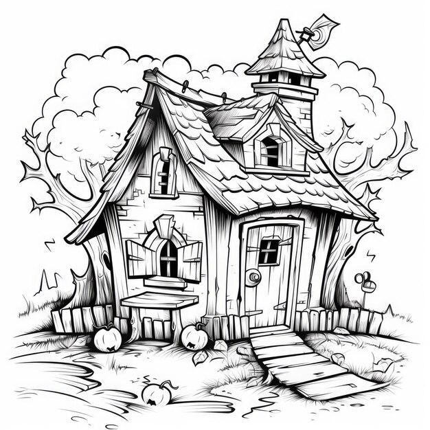 Premium ai image witch house simple children coloring page halloween cute white background book isolated bold