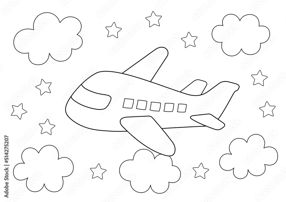 Easy coloring page for kids an airplane flying in the sky among clouds and stars you can print it on a size paper illustration