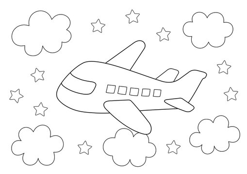 Easy coloring page for kids an airplane flying in the sky among clouds and stars you can print it on a size paper illustration