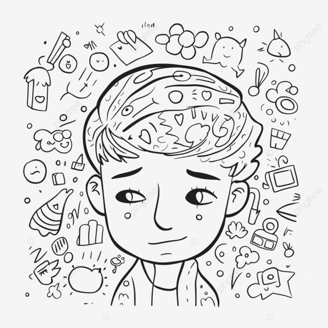 Coloring page with a boy in his head around symbols outline sketch drawing vector wing drawing ring drawing color drawing png and vector with transparent background for free download